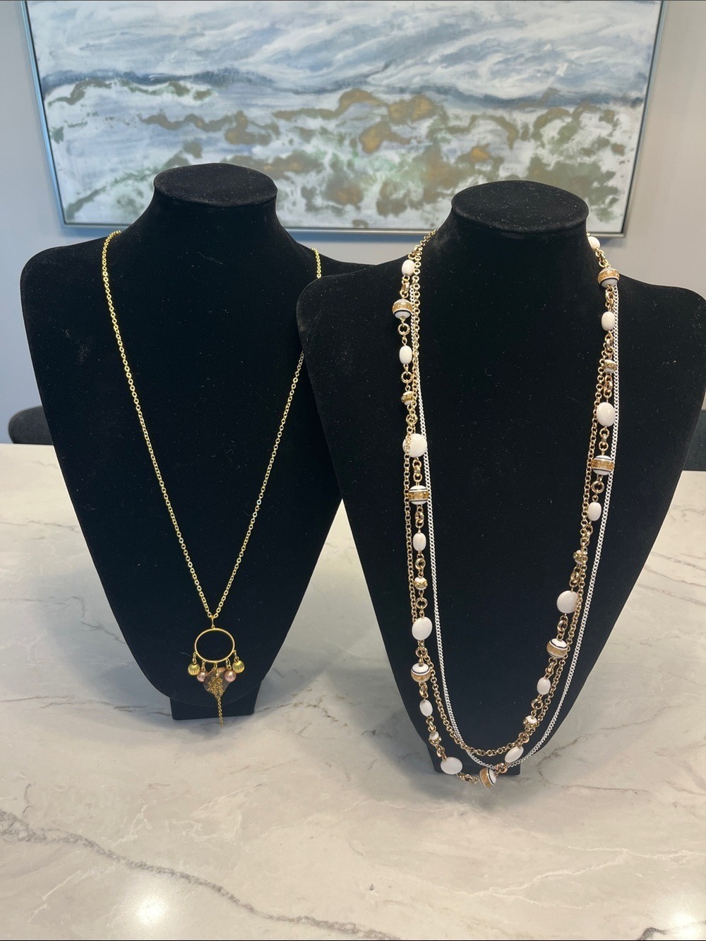 Gold and White Layered Bead Necklace Set